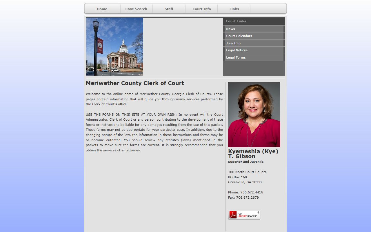 Meriwether Clerk of Court home page with case search and contact information