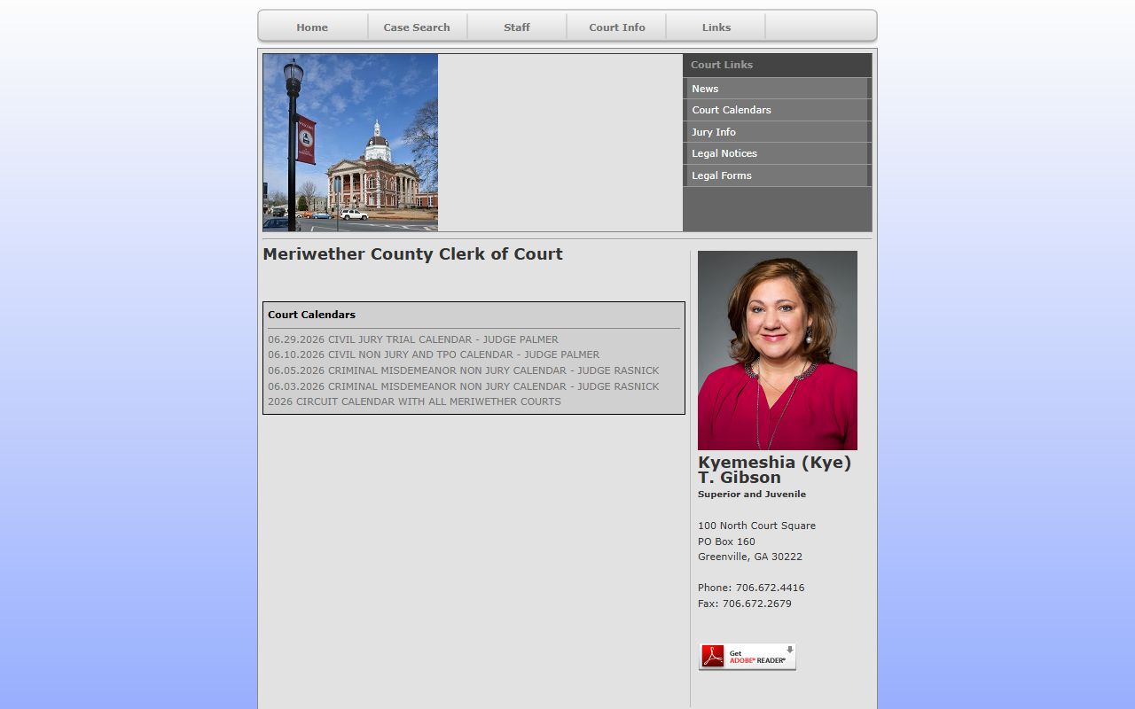Meriwether Clerk court calendar page listing criminal calendar PDFs
