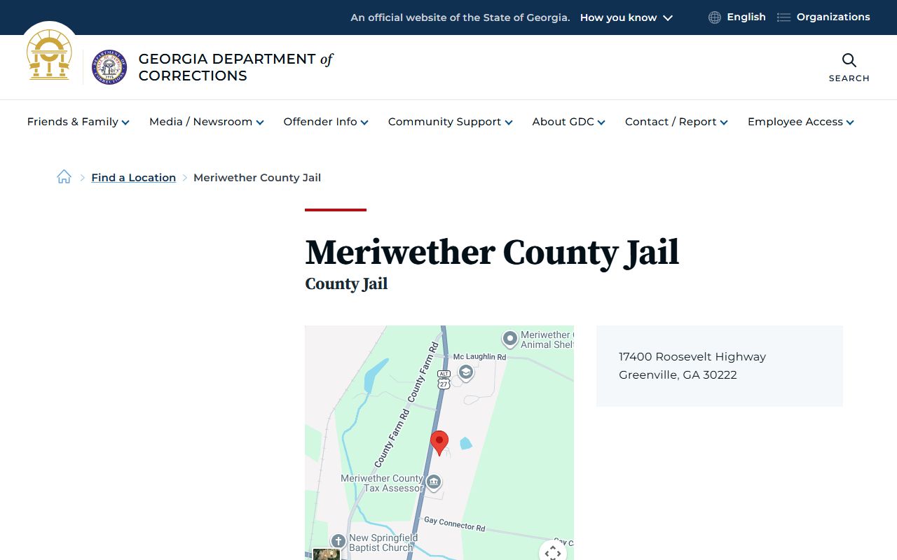 Meriwether County Jail inmate lookup GDC location page